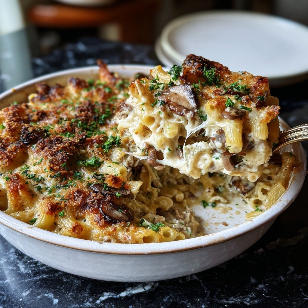 Nudelauflauf mit Champignons und Sahne