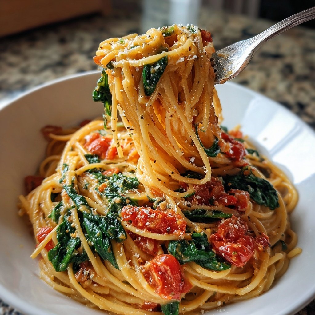 One-Pot Pasta mit Tomaten & Spinat
