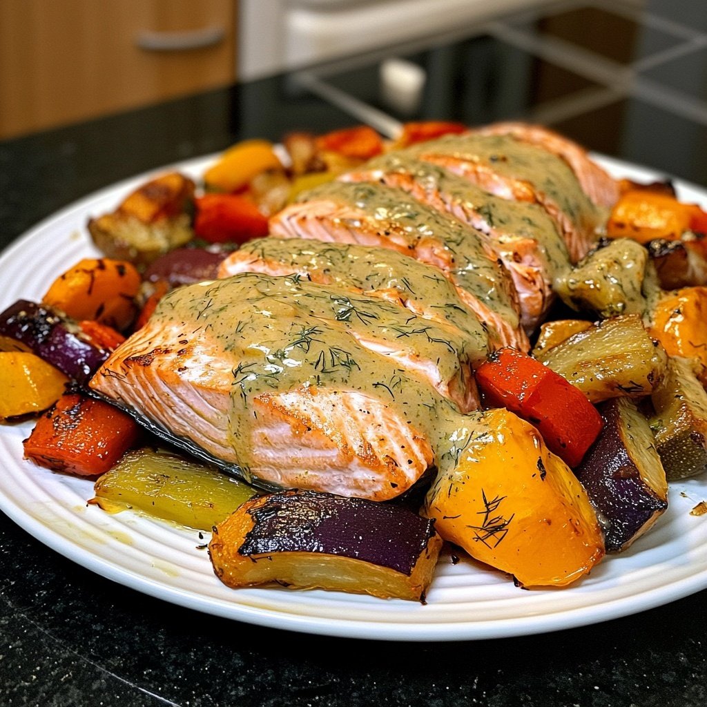 Lachs mit Ofengemüse & Zitronen-Dill-Sauce